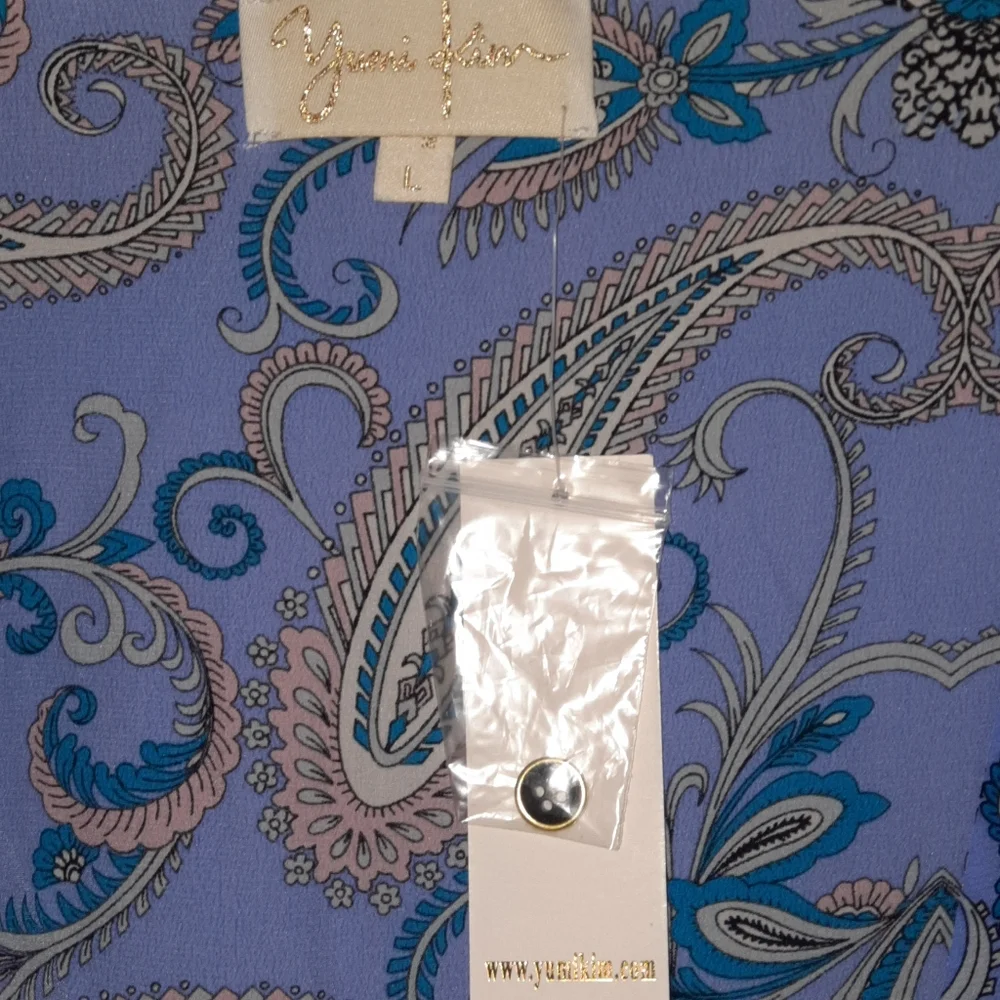 YUMI KIM Paisley Wrap Dress Silk Lavender Purple Pink Black Gold L 8 10 - Picture 5 of 11